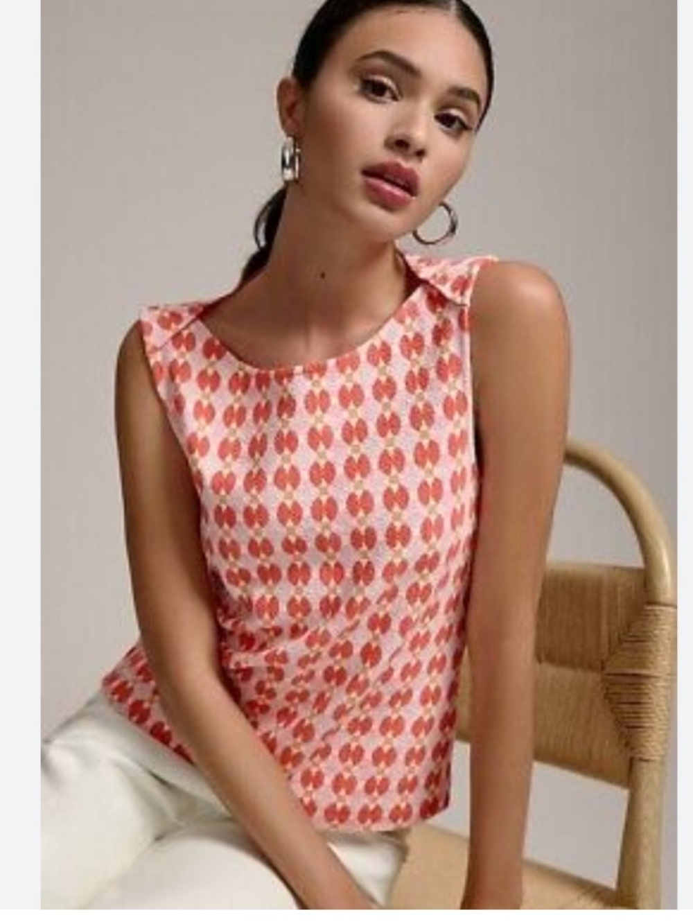Anthropologie Maeve Mina Boatneck Sleeveless Tank Top Red Motif Mod Retro Small